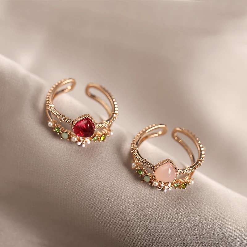 

2021 New Mori Lady Color Heart-Shaped Stone Opening Rings For Woman Korean Fashion Jewelry Wedding Party Girl's Sexy Ring Set