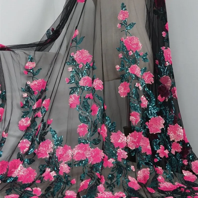 1 ярд розовая блестящая Цветочная аппликация Тюлевая ткань шикарные кружевные