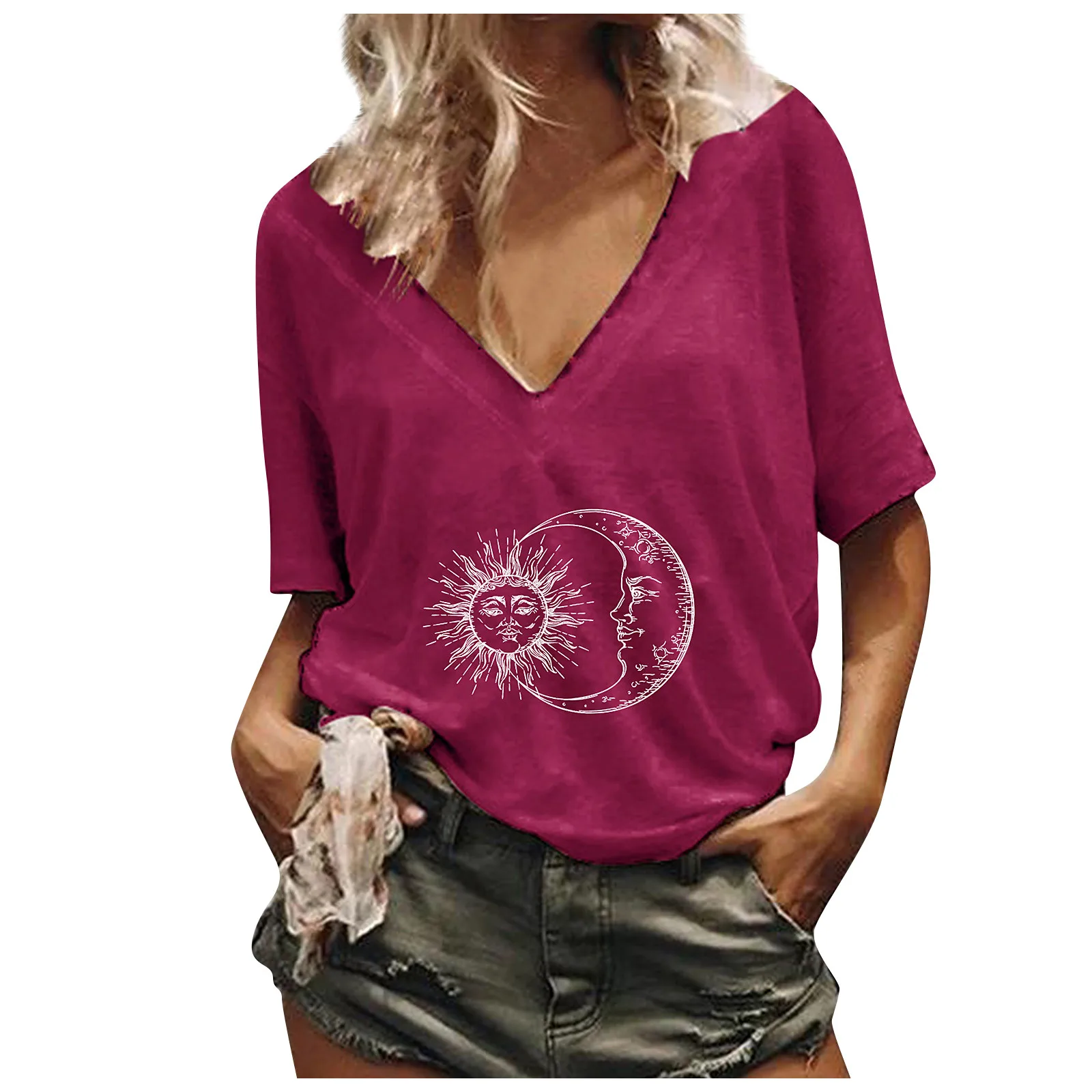 

Women's V-Neck Short Sleeve Blouse T Shirts Loose Causal Letter Print Top