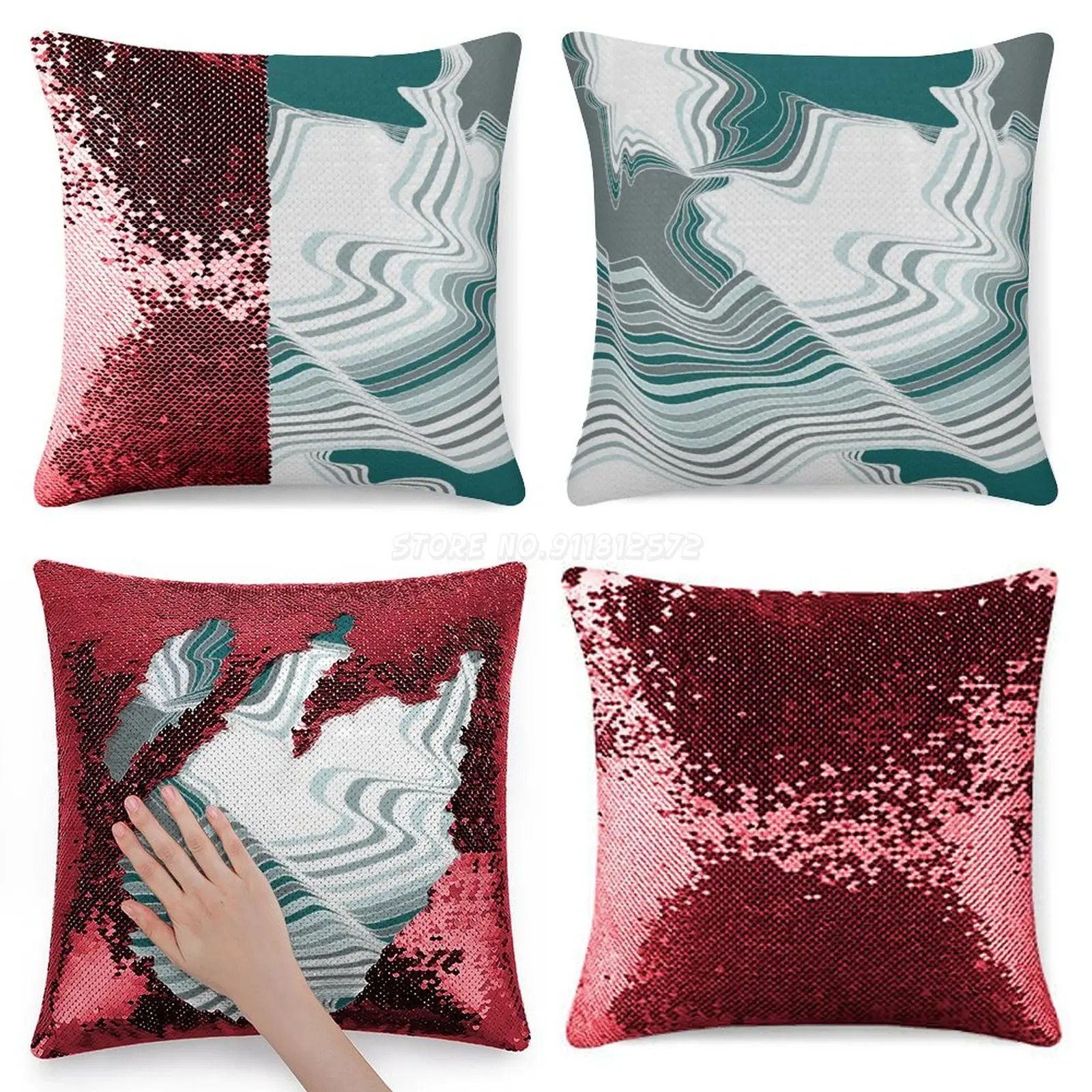 Ледяной день Illusion Sequin Подушка Чехол 40cmX40cm синий серый линия линейная Оптическая