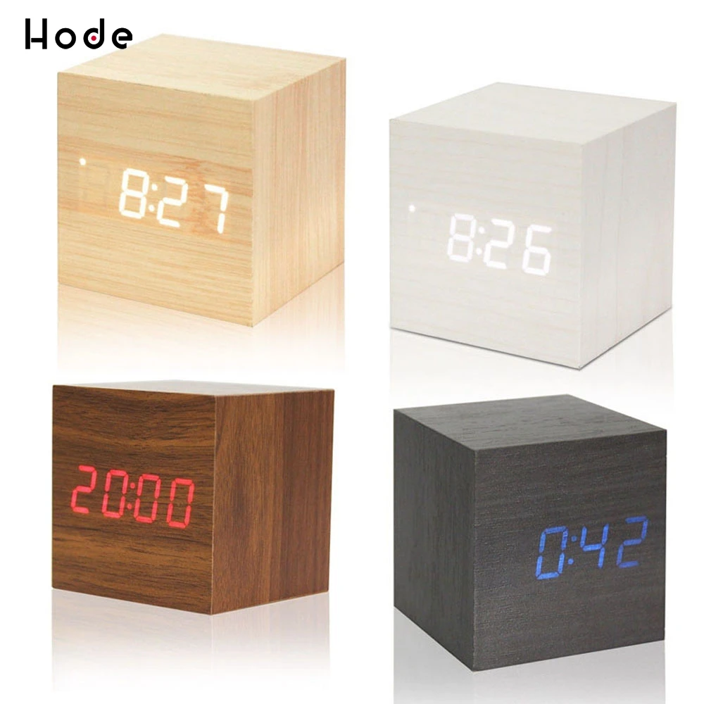 Деревянные бамбуковые часы Cube цифровые настольные будильник термометр