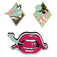 cherry lips lapel pins planet sea enamel badges fashion cartoons brooches for women anime metal hijab pin mini decorative brooch