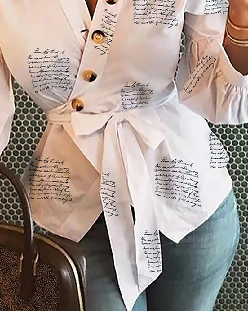 

Women Bandage Letter Print Stylish Simple Tops Fall 2021 Long Sleeve Fashion V-Neck Tops Streetwear Outfit Female Casual Clothes