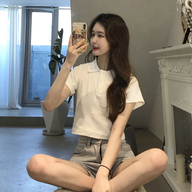 

Autumn 2021 New Korean Cotton T Short Sleeve Pool Women's TopLapel Slim Bottoming Shirt Women Crop Tops Cotton Casual Button