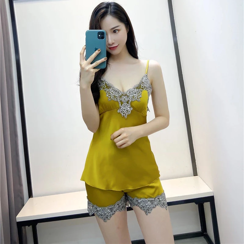 Pajama Sets Silks Satins Sleepwear Sexy Nightwear Pure color lace Pijama Mujer Pajamas For Women sleepwear Lounge Wear Pyjamas | Женская
