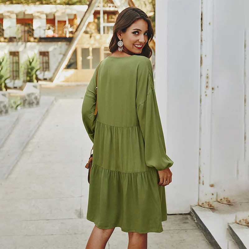 

Summer Casual Women Solid Color Long Sleeve Mid Length Dress High Waist Sexy V-neck Loose Streetwear Holiday Dress Female