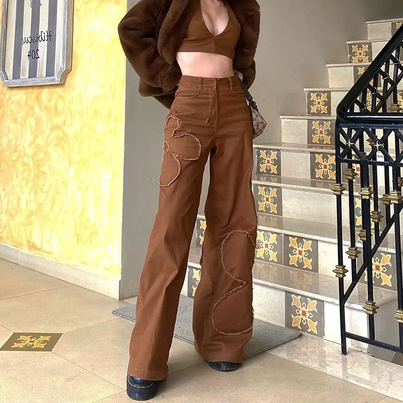 

Women's Pants European American Style Retro Brown Burnt Flower Drooping Straight Pants High Waist Casual Denim Trousers 2021 New