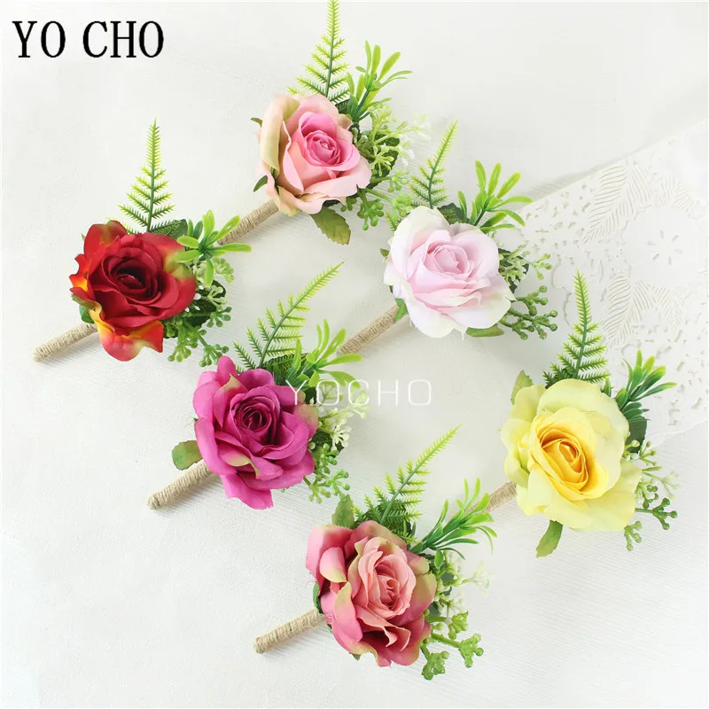 

YO CHO Boutonniere Artificial Flower Silk Rose Wedding Bride Wrist Corsage Flower Man Brooch Pins Prom Party Wedding Boutonniere