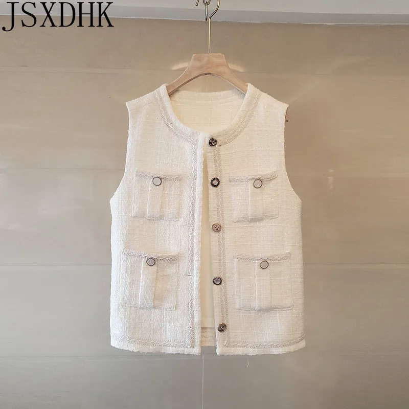 

JSXDHK 2021 Summer New Small Fragrance Retro Tweed Round Neck Sleeveless Single Row Metal Buckle Rour-Pocket Wild Vest Women