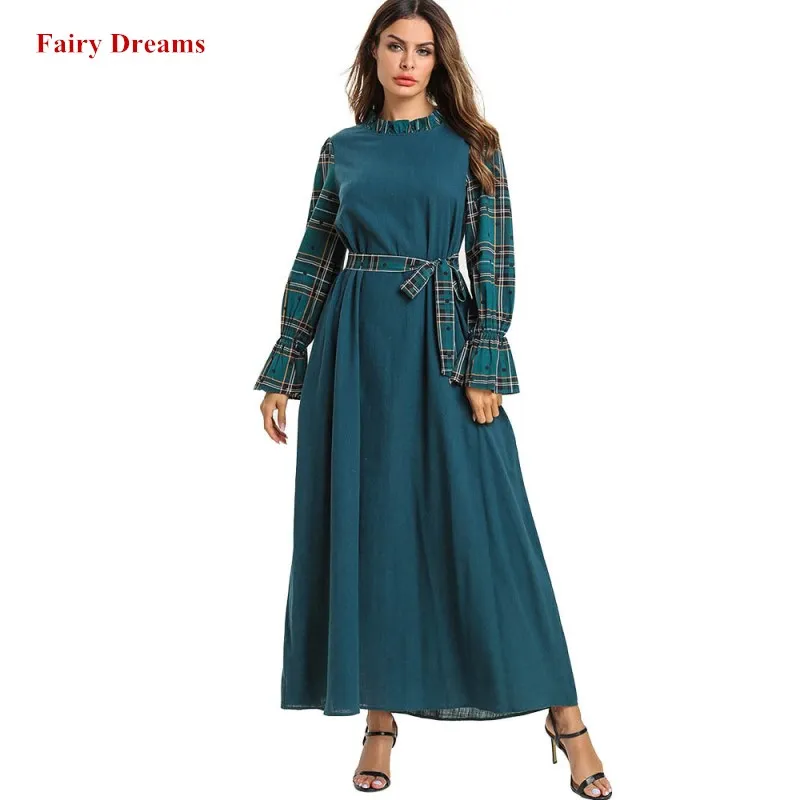 Женское платье макси с длинным рукавом в клетку|Мусульманская одежда| |