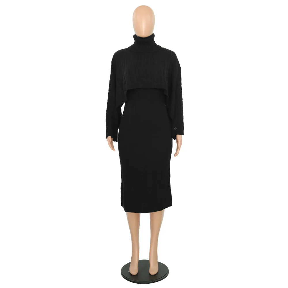 Autumn Winter Knitted Sweater Two Piece Set Turtleneck Long Sleeve Loose Crop Top+ Bandage Midi Tank Dress Plus Size Tracksuit