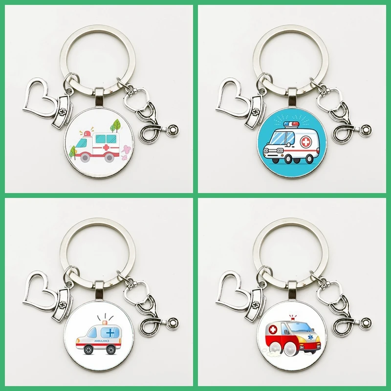 

1pcs New Ambulance Pendant Keychain Glass Convex Round Jewelry Pendant Nurse Doctor Gift Souvenir Handmade DIY for Man
