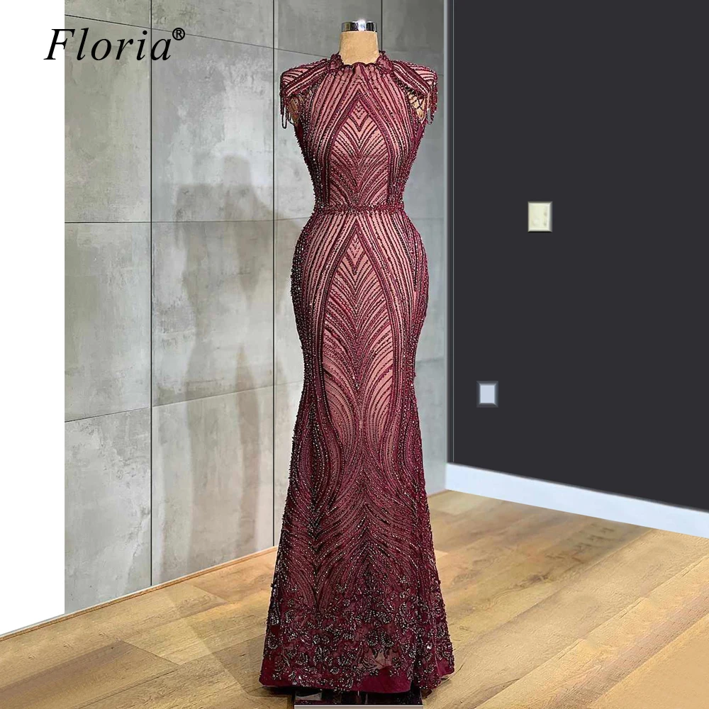 

Plus Size Burgundy Heavy Handmade Evening Dress Long Turkish Robe De Soiree Trumpet Prom Gowns Party Arabic Abendkleider Vestido