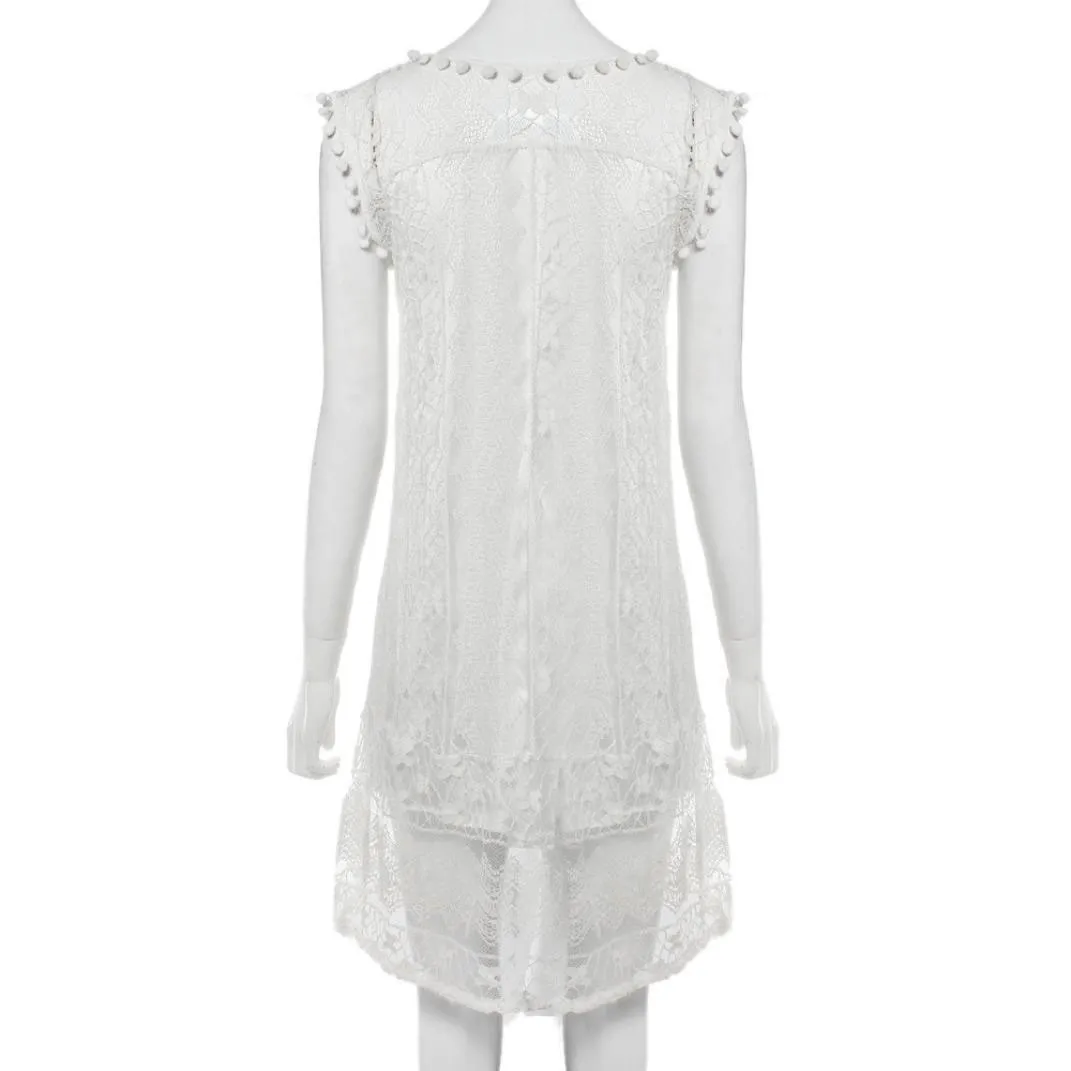 

2021 Summer New Fashion Dress Women Casual Lace Sleeveless Beach Short Mini Dress Vintage Sweet Lace White Dress
