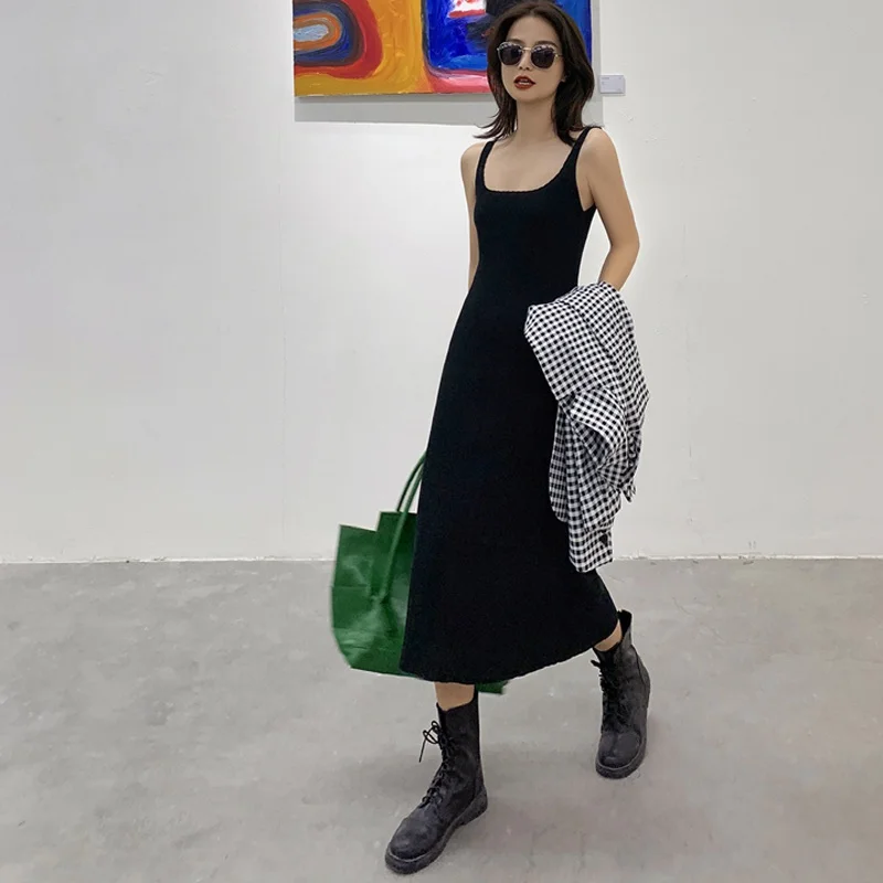 

Sexy Women's Long Dress 2021 Summer Square Neck Sling Waist Knitted Party Dresses