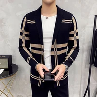 2021 mens knitted sweater jacket men fashion high quality brand slim striped long sleeve suit collar cardigan wool jacket coat