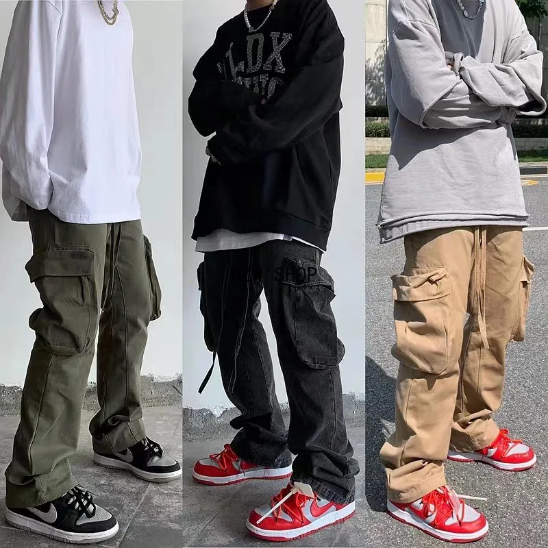 

Pockets Streetwear Flare Pants Mens Drawstring Straight Washed Cargo Pants Hip Hop Loose Casual Trousers Free Shipping