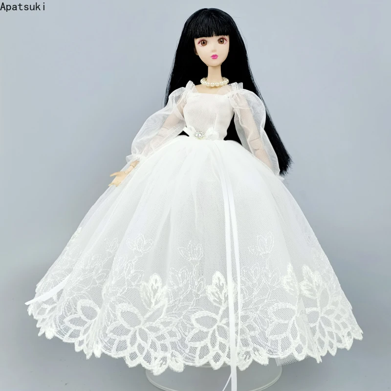 

Pure White Handmade Princess Wedding Dress For Barbie Doll Clothes Outfits 1/6 Dolls Accessories Puff Sleeve Long Gown Kids Toys