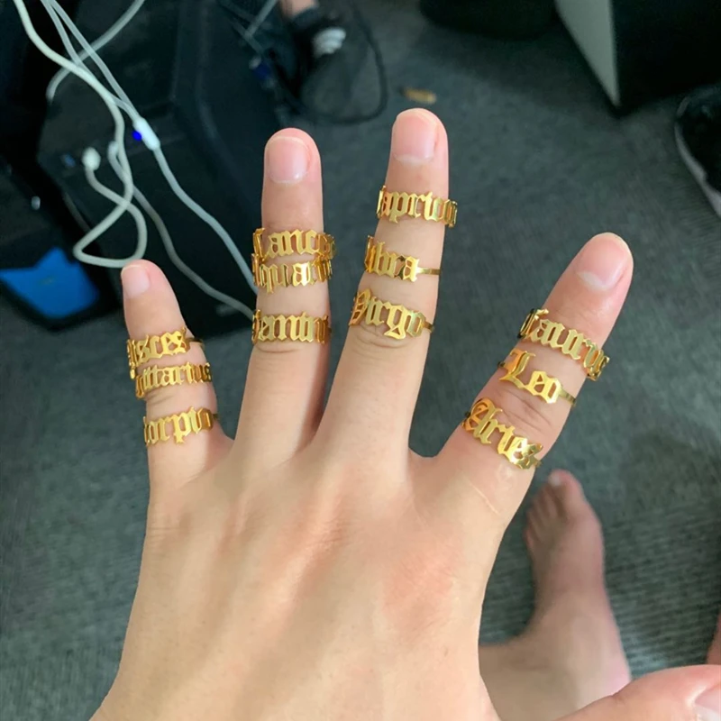Adjustable Old English Constellation Rings For Women Anniversary Jewelry Stainless Steel Gold Color 12 Zodiac Stackable | Украшения и