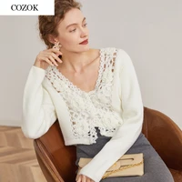 fashion cutout floral appliques white cardigan for women autumn v neck long sleeve cropped sweater cardigan knit top