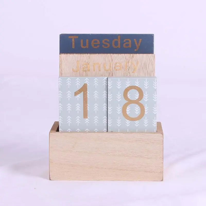 

Vintage Wooden Perpetual Calendar Eternal Block Planner Photography Props Month Week Date Display Home Office Desktop Decoration