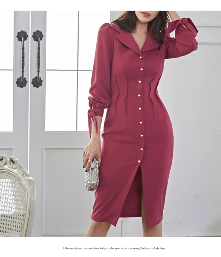 H Han Queen Single-breasted Sexy Split Pencil Dress Women Winter Lace-up Bodycon Dresses Notched Neck OL Work Wear Vestidos