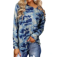 2021 autumn and winter fashion camouflage printed shoulder straps cross neck long sleeved t shirt top womens clothing tops