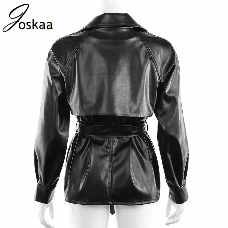 Joskaa из искусственной кожи Тренч Женский Тонкий мото черное кожаное пальто с поясом отложной воротник панк для женщин Blusas