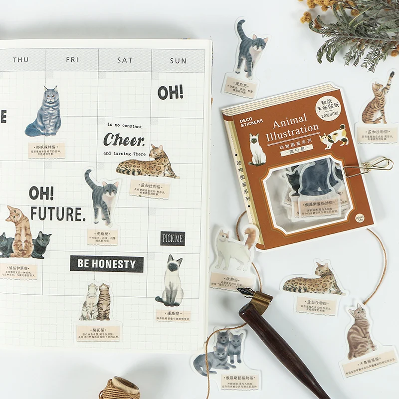 40 шт./лот винтажные декоративные стикеры в виде кошки кролика хомяка для