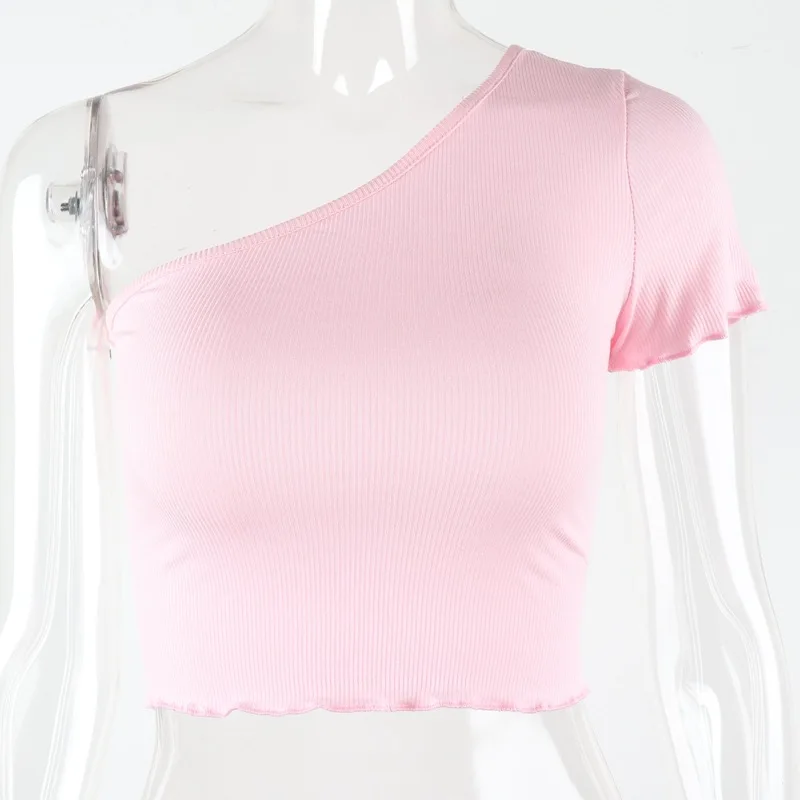 

One Shoulder Ruffles Fashion Summer Crop Tops Slim Sexy Backless Tanks Top Tee Shirts Cropped Solid Streetwear