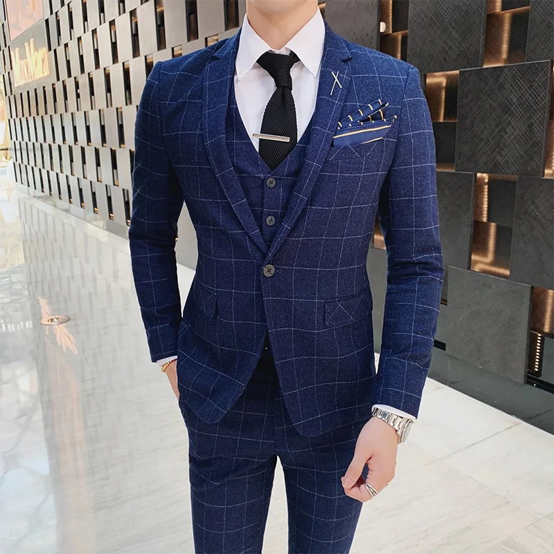 

Four-season British plaid youth suit men's leisure slim suit three-piece business professional suit