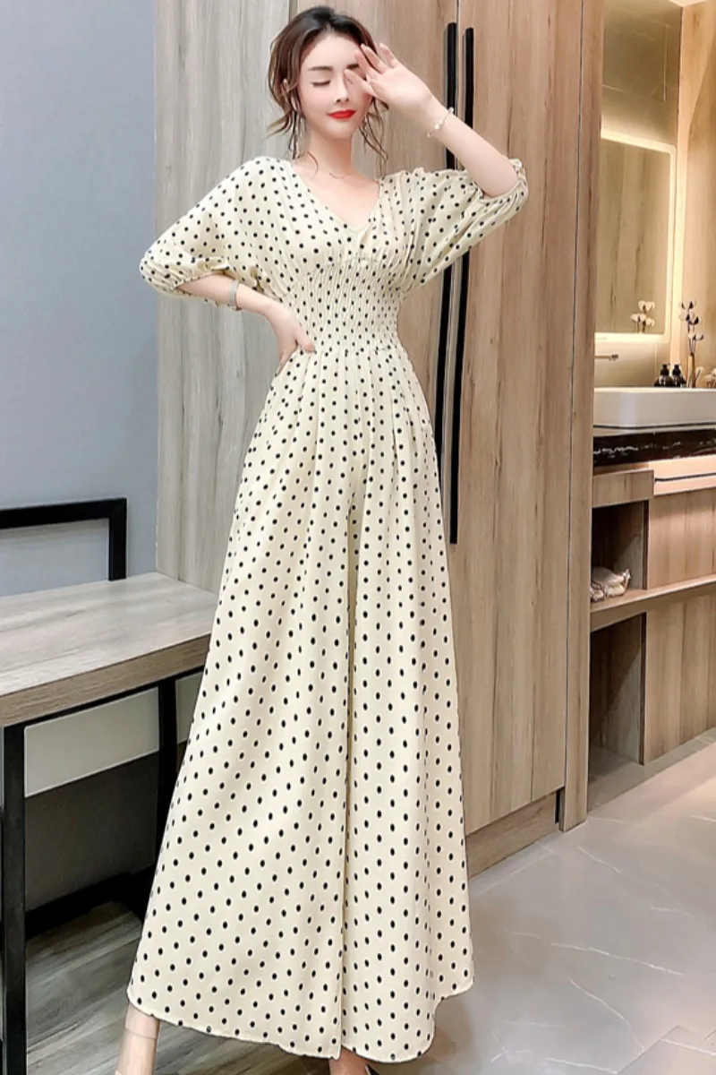

2021 summer new style royal sister OL style sexy V-neck halter bow polka-dot wide-leg pants jumpsuit trousers trend