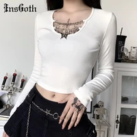 insgoth knitted long sleeve crop tops gothic punk bodycon butterfly pendant women t shirts lady solid black white basic top