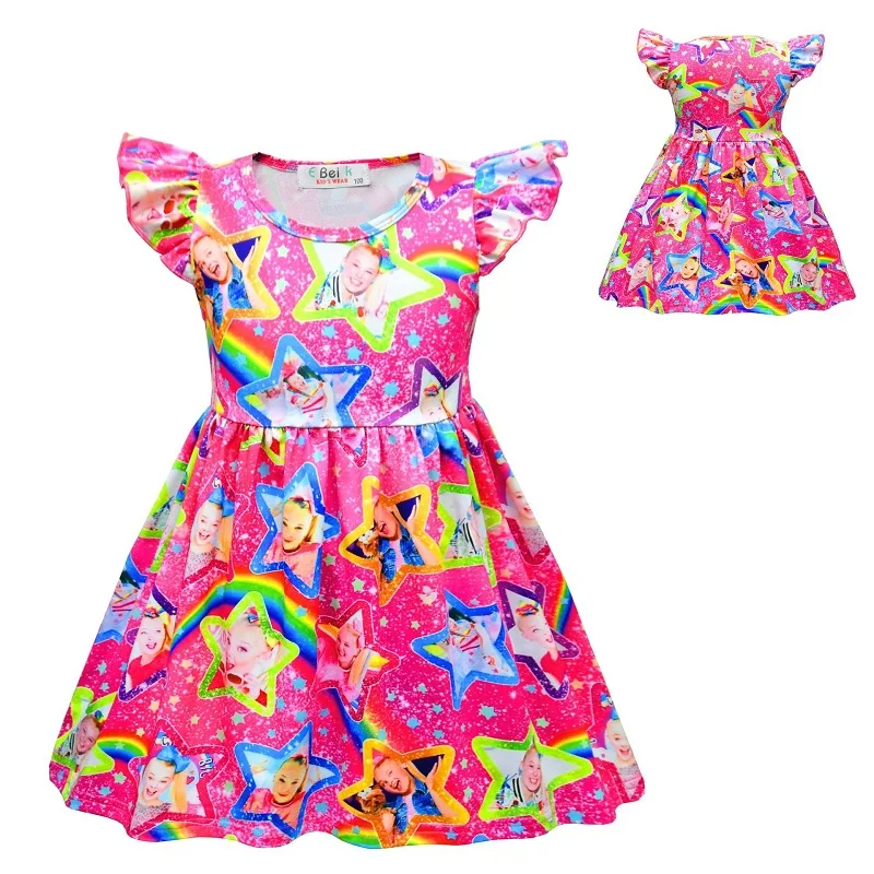 

JoJo Siwa Cute Girls Dress Kids Clothes Princess Cosplay Birthday Party Cartoon Rainbow Printed Summer Cosplay Costumes For 3-8T