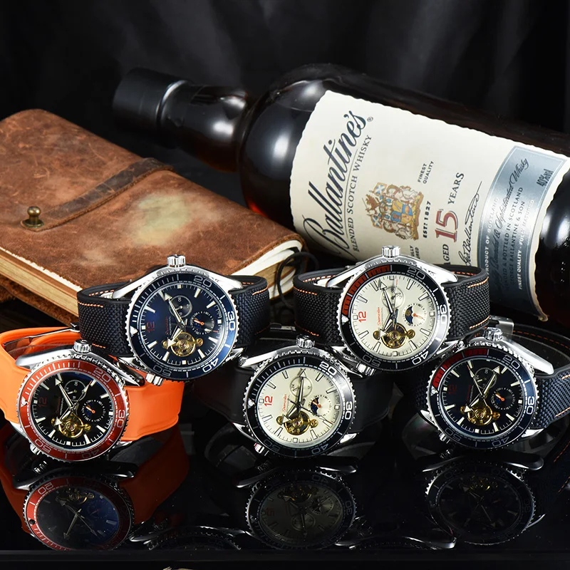 

Automatic Self Wind Mechanical Canvas Rubber Strap Orange Blue Red Multifunction Date Month Men Sport Watch