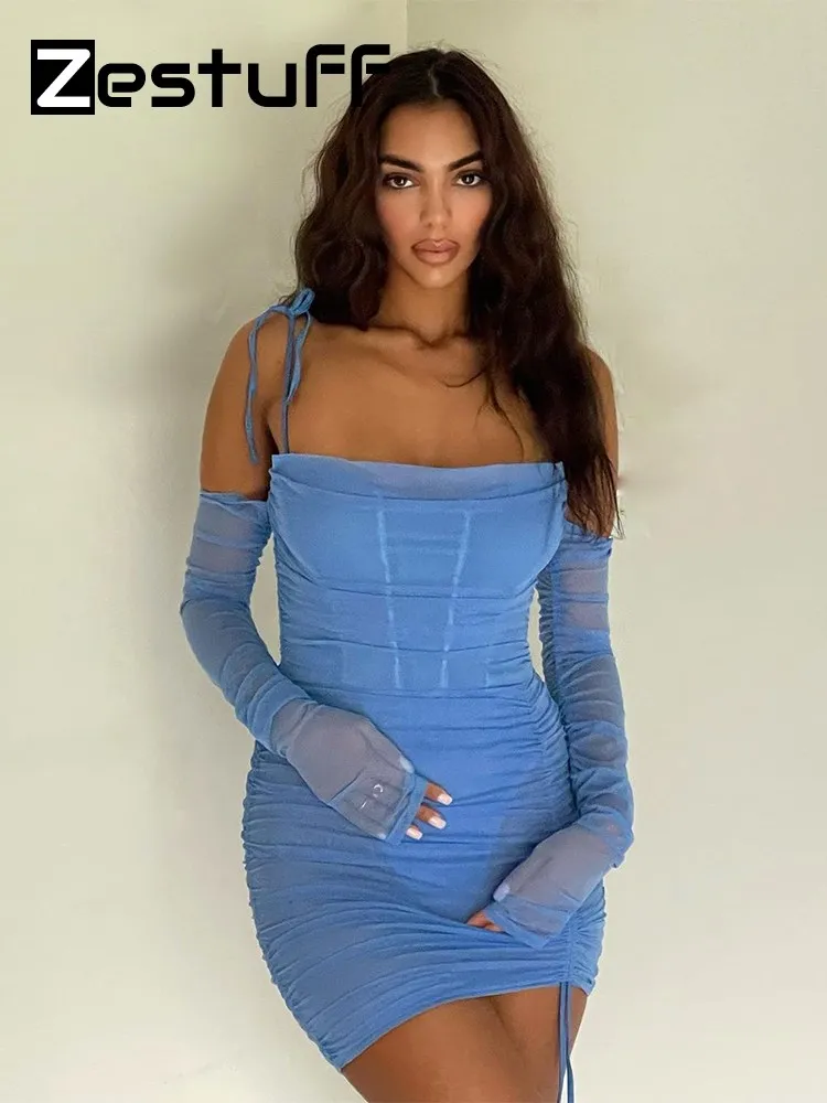 

Zestuff New Summer Slash Neck Mesh Self Tie Mini Dress With Underpants Casual Clothes For Women Sexy Corset Club Party Dress