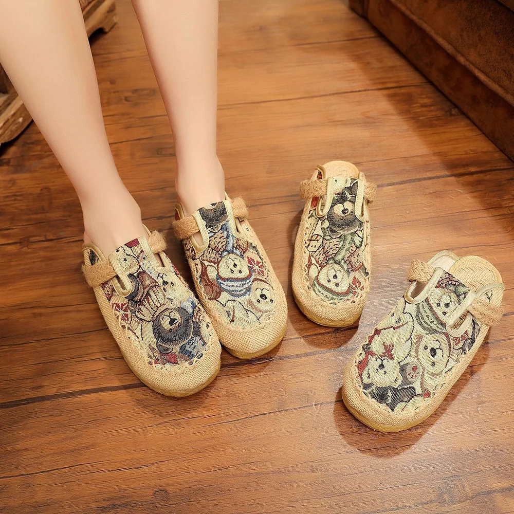 Veowalk Handmade Bear Embroidery Women Linen Cotton Close Toe Flat Slippers Summer Ladies Breathable Comfort Mules Shoes | Обувь