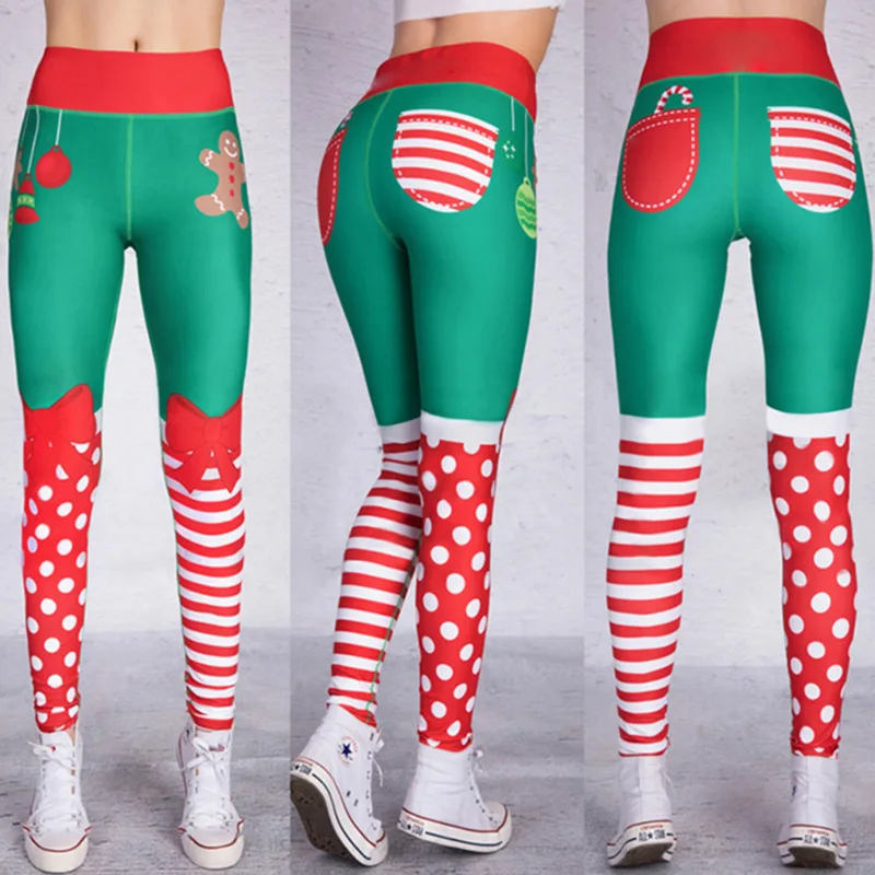 Рождественские цифровые женские облегающие брюки из ПУ кожи спортивная одежда