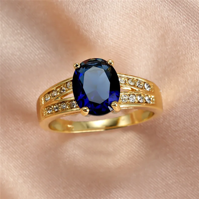 

Vintage Female Crystal Blue Stone Ring Yellow Gold Color Wedding Big Rings For Women Cute Bride Oval Zircon Engagement Ring