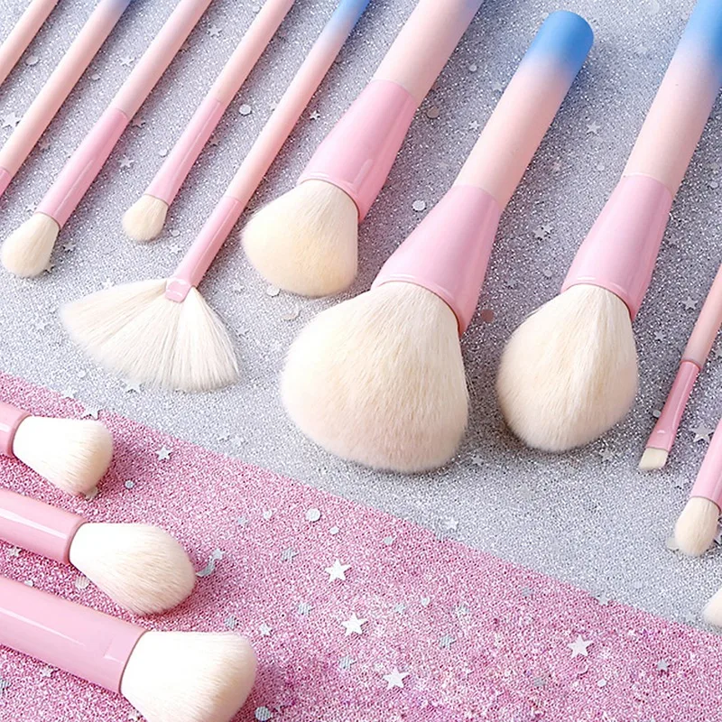 14Pcs/Set Gradient Handle Makeup Brushes Soft Synthetic Hair Foundation Power Brush Set Facial Make Up Tools with Cosmetic Bag | Красота и