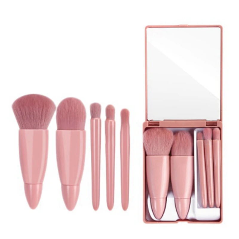

5Pcs Makeup Brushes Set Portable with Mirror Soft Hair Loose Powder Brush Blush Foundation Eye Shadow Brush