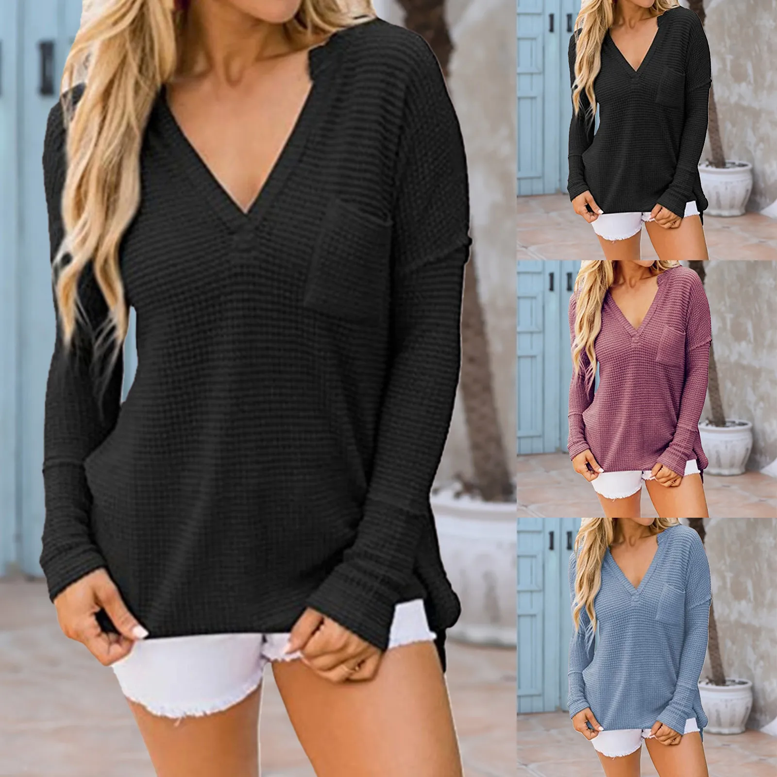 

Повседневные Однотонные блузки для женщин, модная Свободная блузка с V-образным вырезом и длинными рукавами, карманами, топ, осенняя одежда, ...