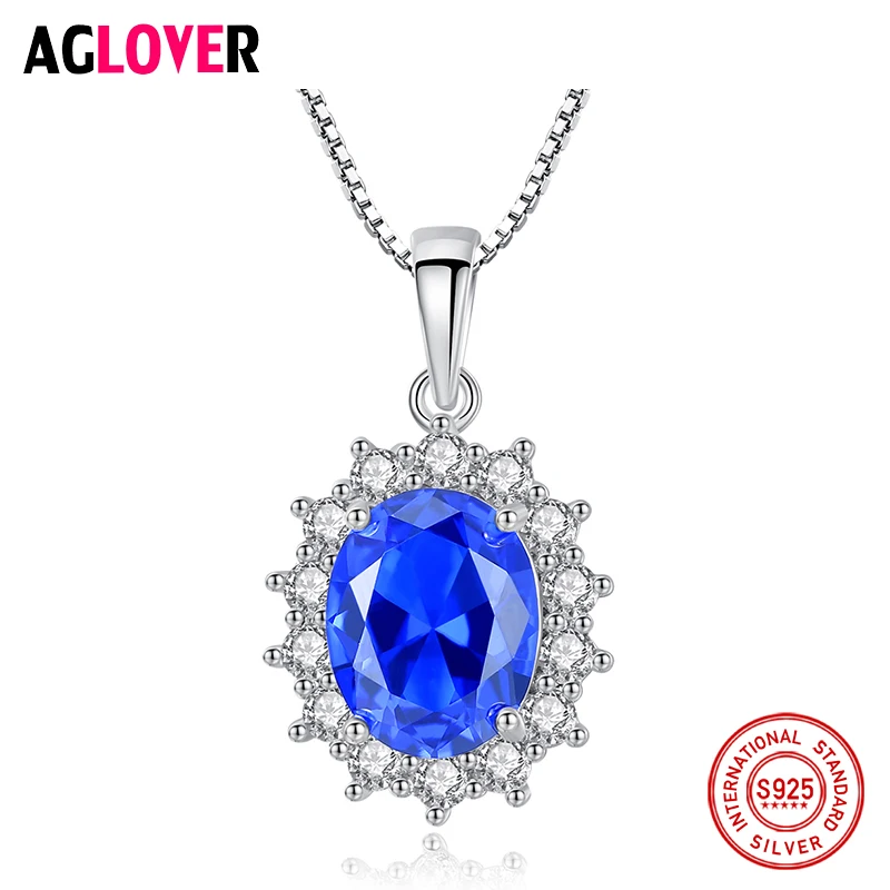 

AGLOVER New 925 Sterling Silver Blue Snowflake Pendant Long Chain Necklace For Woman Fashion Wedding Christmas Statement Jewelry