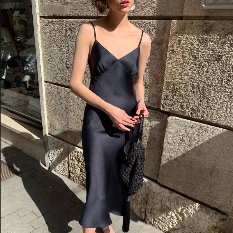 Сексуальное платье с v образным вырезом без рукавов женское на бретельках