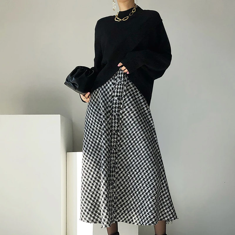 

Women Dress Sets 2021 Korean Fashion Elegant Collar Cross Irregular Knit Sweaters and Houndstooth Single Breasted Skirt