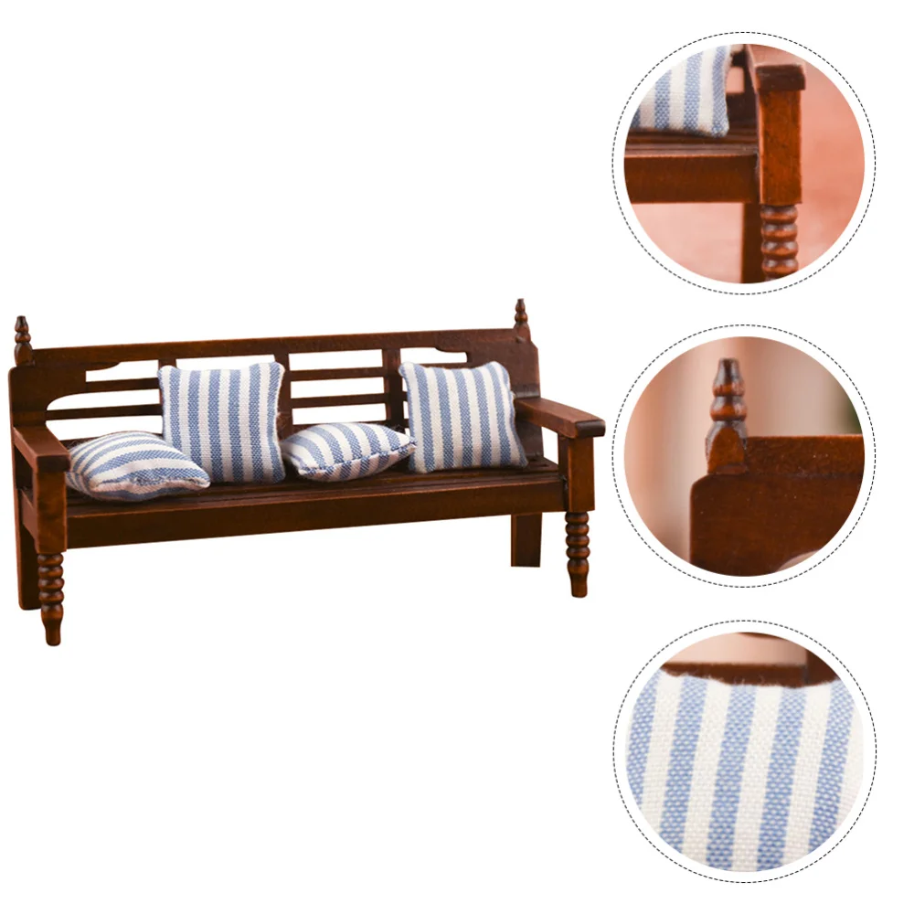 

1 Set of Mini Wooden Multi-user Chair Model Creative Adornment with Pillow