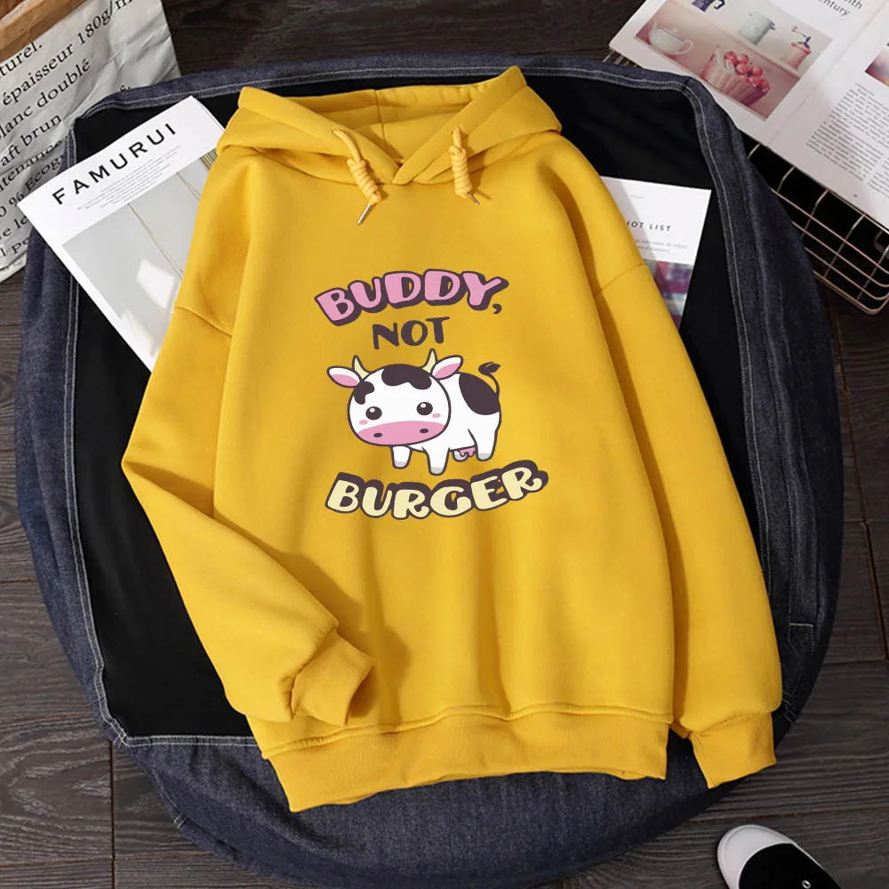 Oversized Cute Cow Printing Full Sleeves Sweatshirts Kawaii Hoodies for Womens Thicken Tops Loose Hoody Femme Winter Sweetshirts