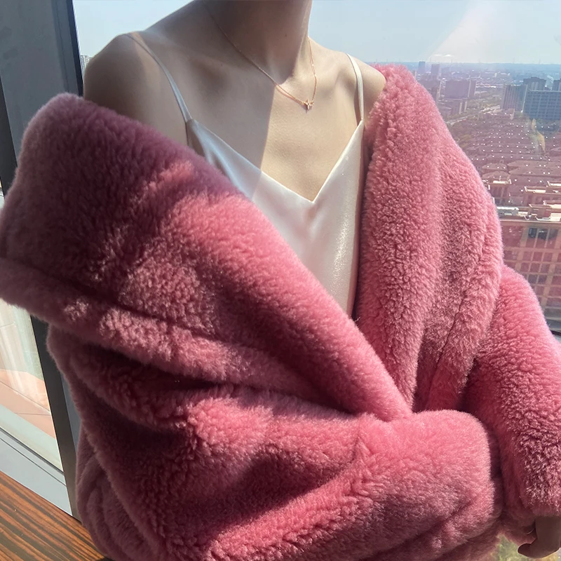 Women's Winter Sheepskin Coat Long Real Fur Wool Women Mid-Length Genuine Sheepskin Teddy Bear Jacket Streetwear Women