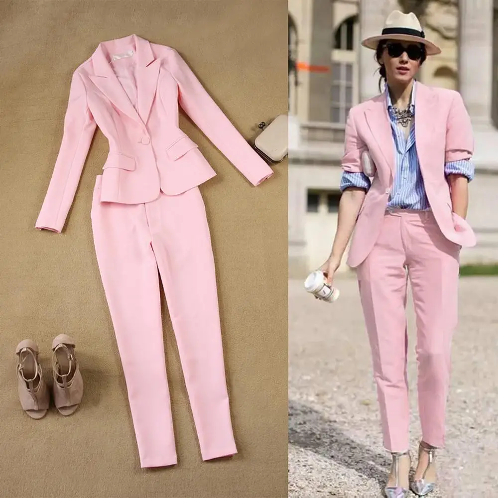 Pink 2 Pieces Pant Suit Women Formal White Suit Female Office Slim Ladies Interview Suits One Button Pants And Blazer Set Womens