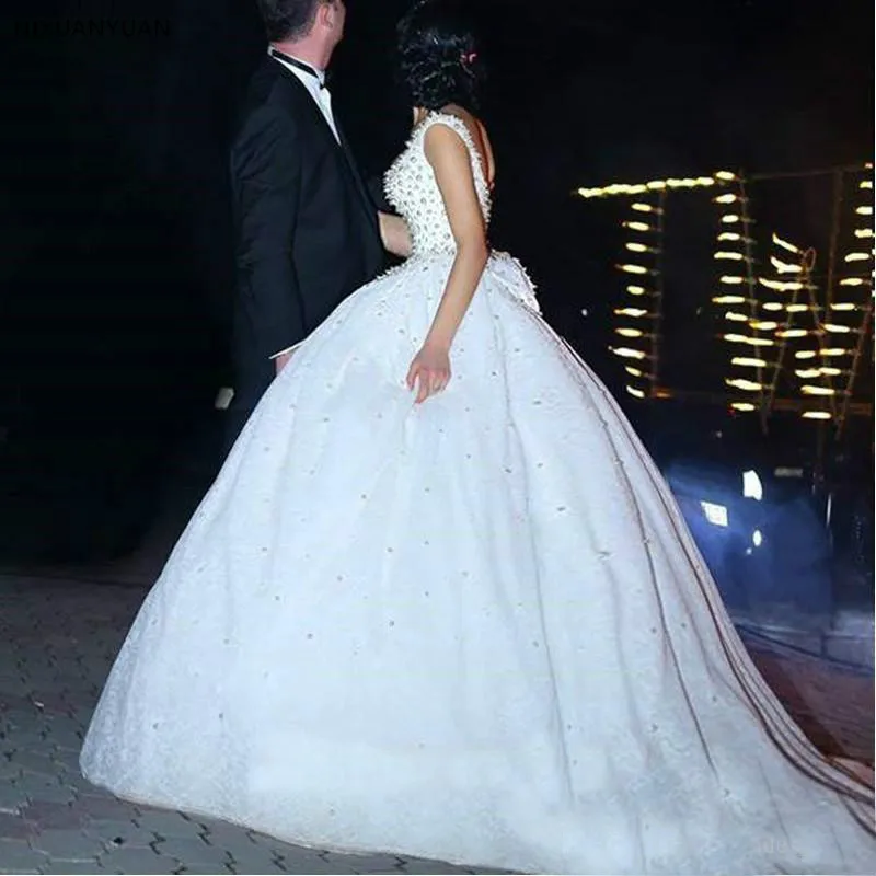 

Saudi Arabia Ball Gown Wedding Dresses Square Collar Puffy Tulle Pearls Princess Wedding Gowns Vestido De Noiva Custom Size